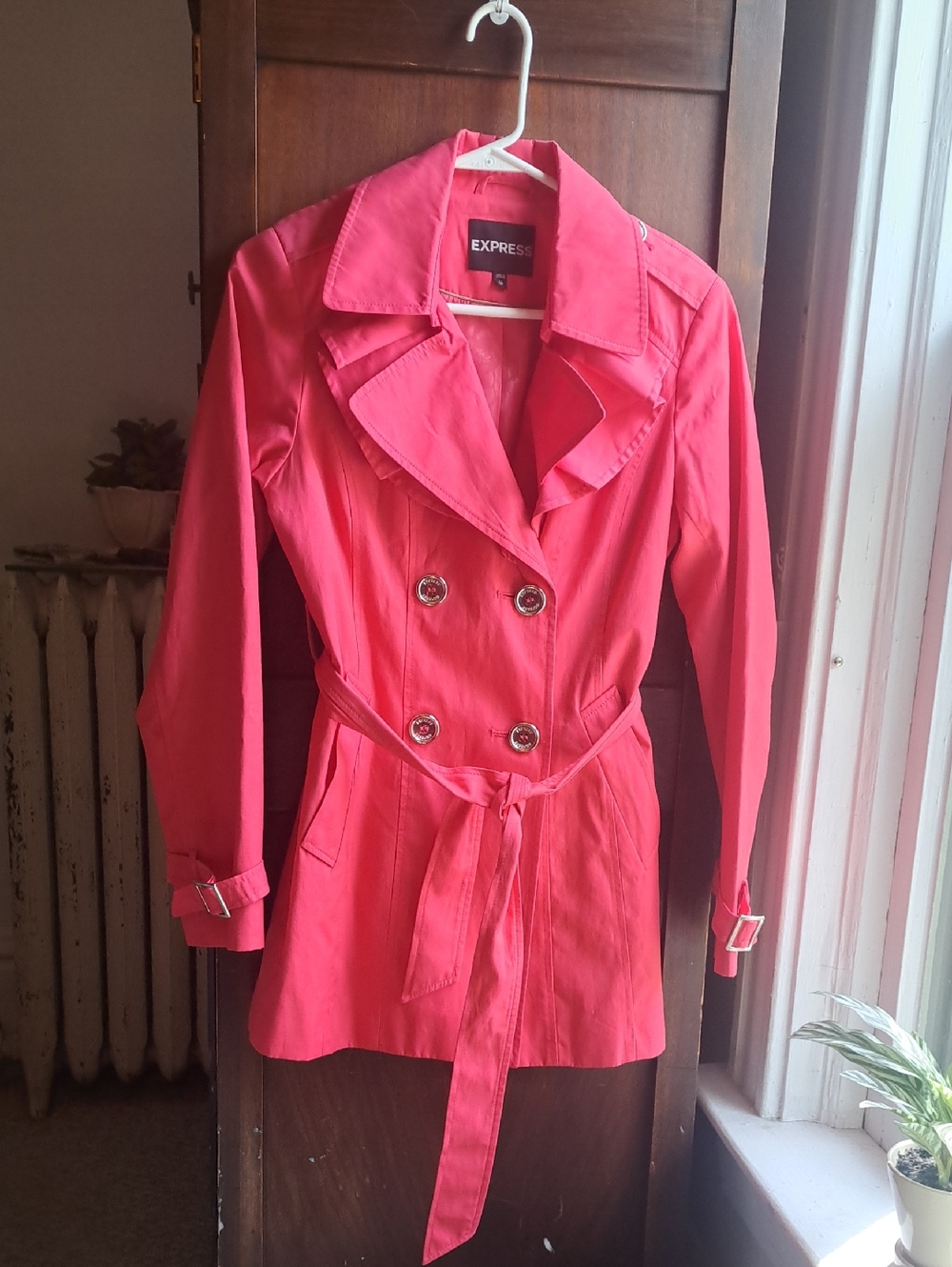 Express Women's Size XS Coral Button Down  Double-Breasted Trench Coat W Belt
